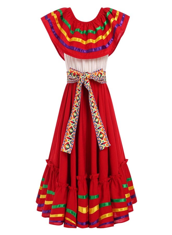 ODIZLI Mexican Dress for Girls - Folklorico Cinco de Mayo Fiesta Dress - Toddler Off-Shoulder Traditional - Little Girls Flamenco Ruffle Drape A Line Dress - Red, 9-10 Years - Image 1